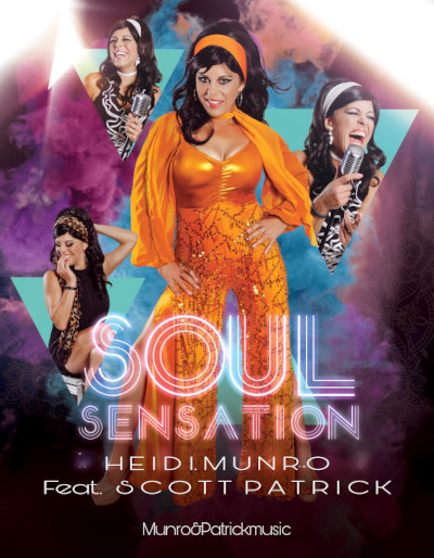 Poster for the band showing a large image of a dark haired woman posing in a bright orange Vegas-style jumpsuit surrounded by a photo collage of different pictures of her singing on stage.